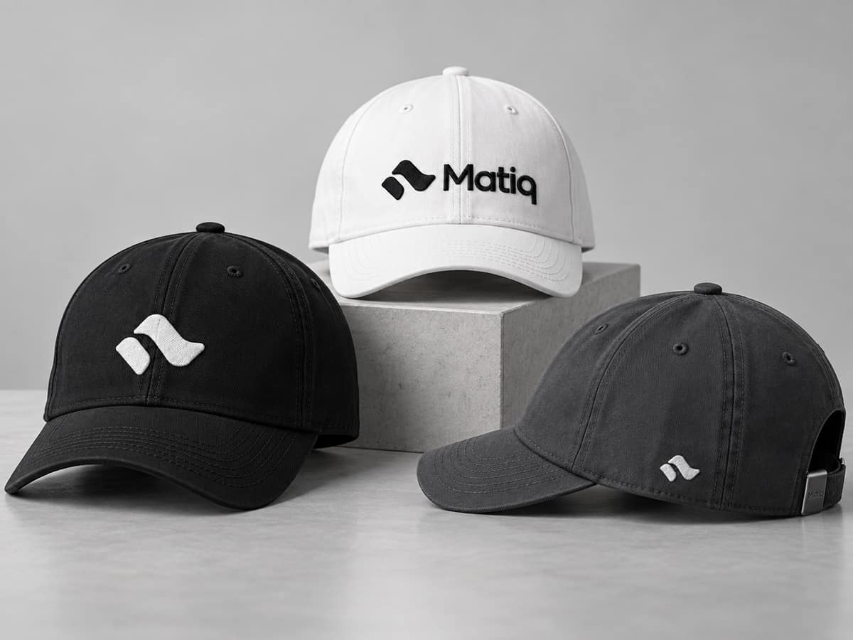 Three caps with the embroidered Matiq logo, in black, white and charcoal, one of them resting on a concrete block.
