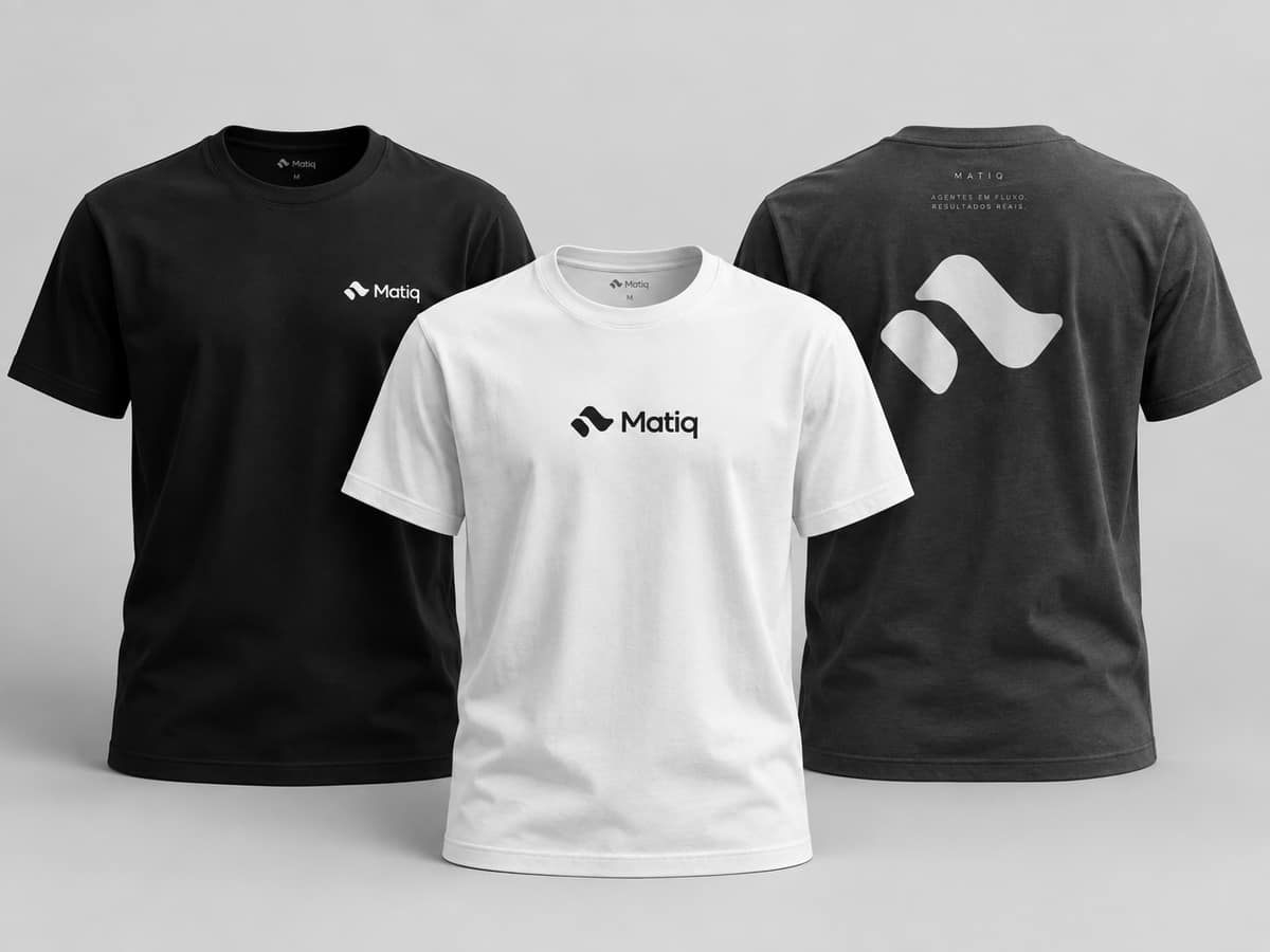 Three T-shirts with the Matiq logo, in black, white and charcoal; the charcoal one shows the large symbol on the back.